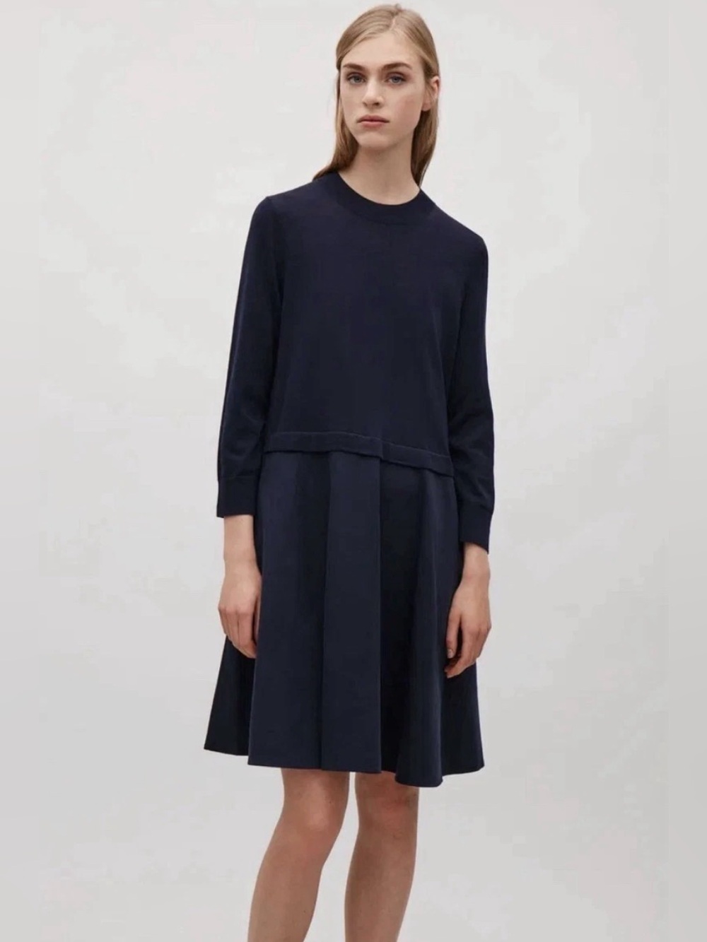 COS 3/4 Sleeve Contrast Panel Casual A-Line Dress (S)